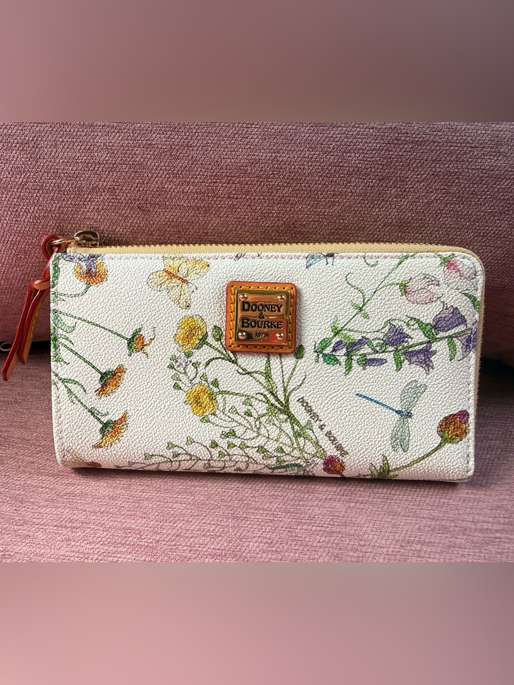 Dooney & Bourke White Floral Zip Wallet with Gold Plaque